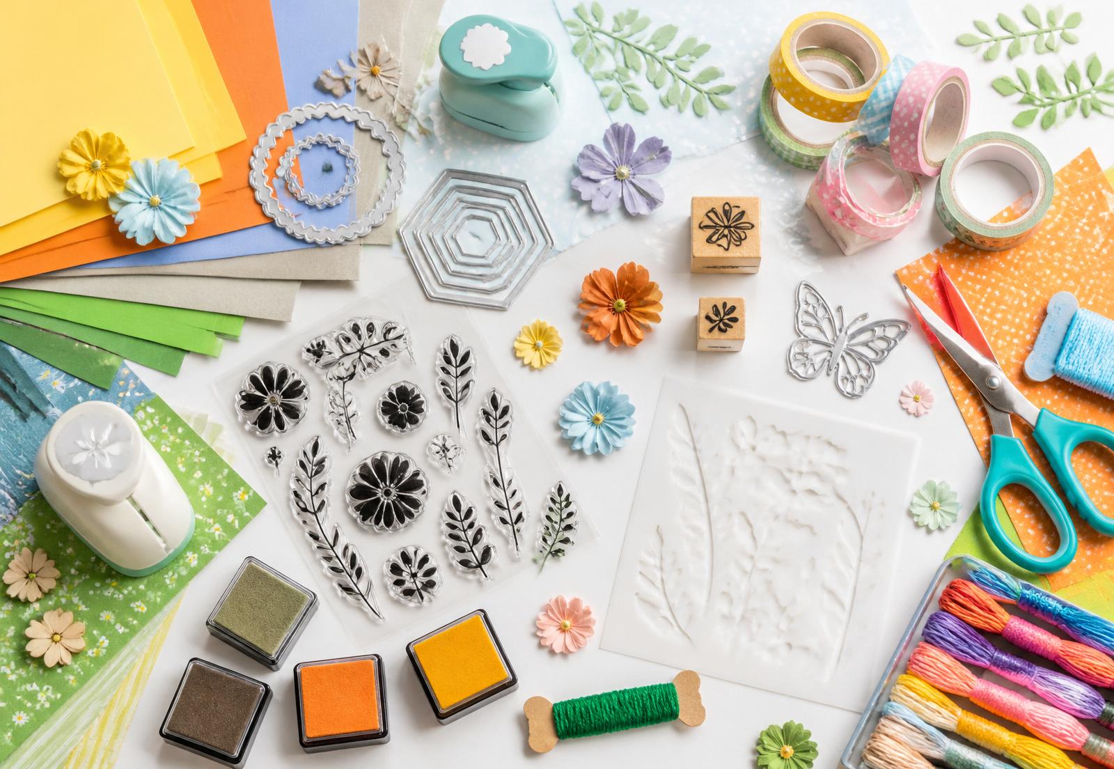 A flat lay of paper crafting supplies: stamps, dies, cardstock and ribbon.